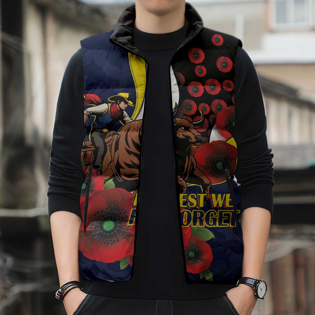 North Queensland Cowboys ANZAC Personalised Sleeveless Puffer Jacket Lest We Forget Poppy Camo