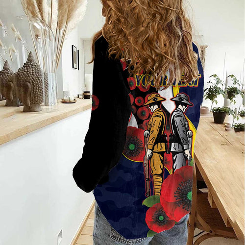 North Queensland Cowboys ANZAC Personalised Women Casual Shirt Lest We Forget Poppy Camo
