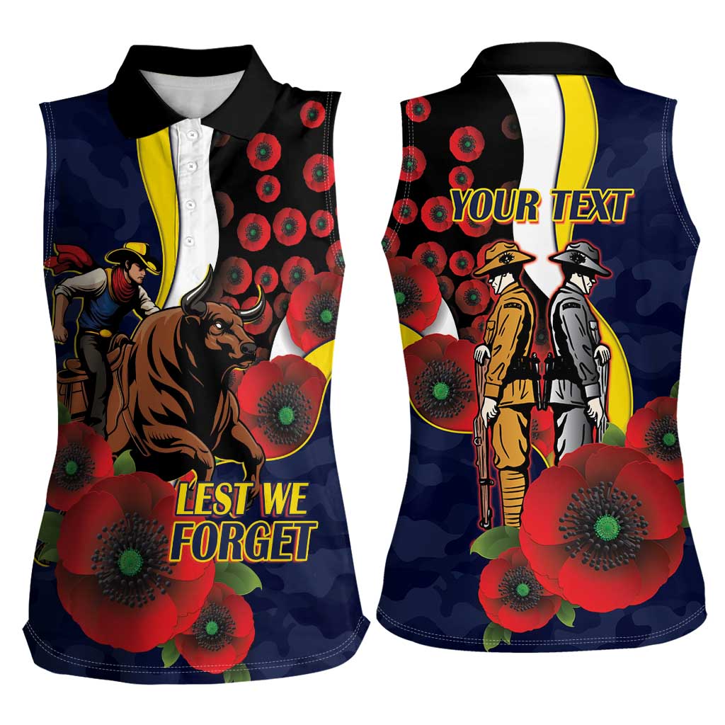 North Queensland Cowboys ANZAC Personalised Women Sleeveless Polo Shirt Lest We Forget Poppy Camo