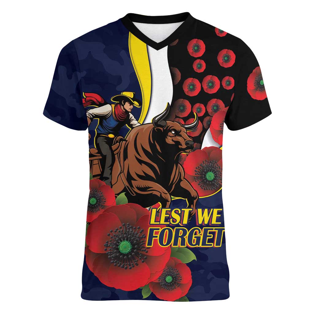 North Queensland Cowboys ANZAC Personalised Women V-Neck T-Shirt Lest We Forget Poppy Camo