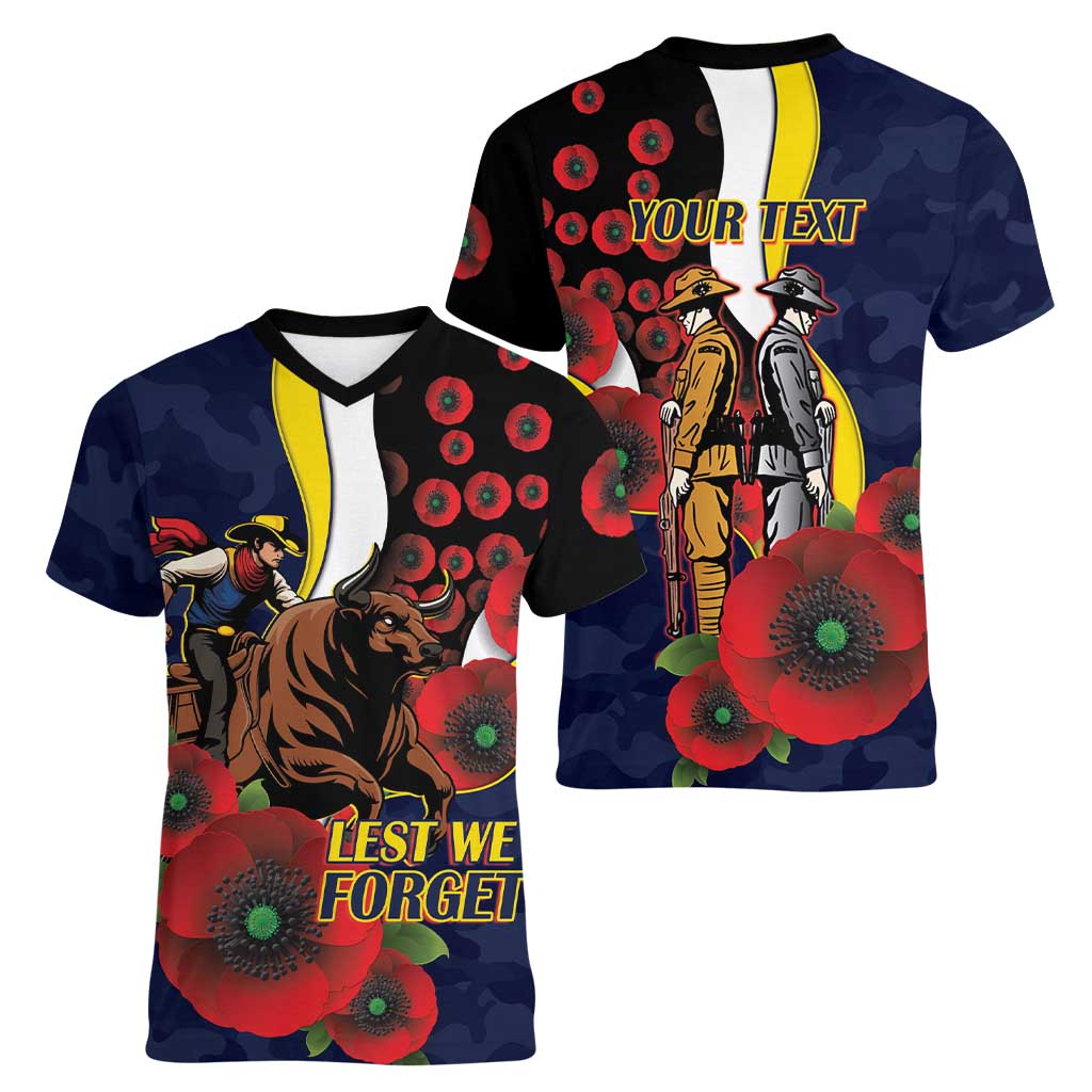 North Queensland Cowboys ANZAC Personalised Women V-Neck T-Shirt Lest We Forget Poppy Camo