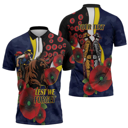 North Queensland Cowboys ANZAC Personalised Zipper Polo Shirt Lest We Forget Poppy Camo