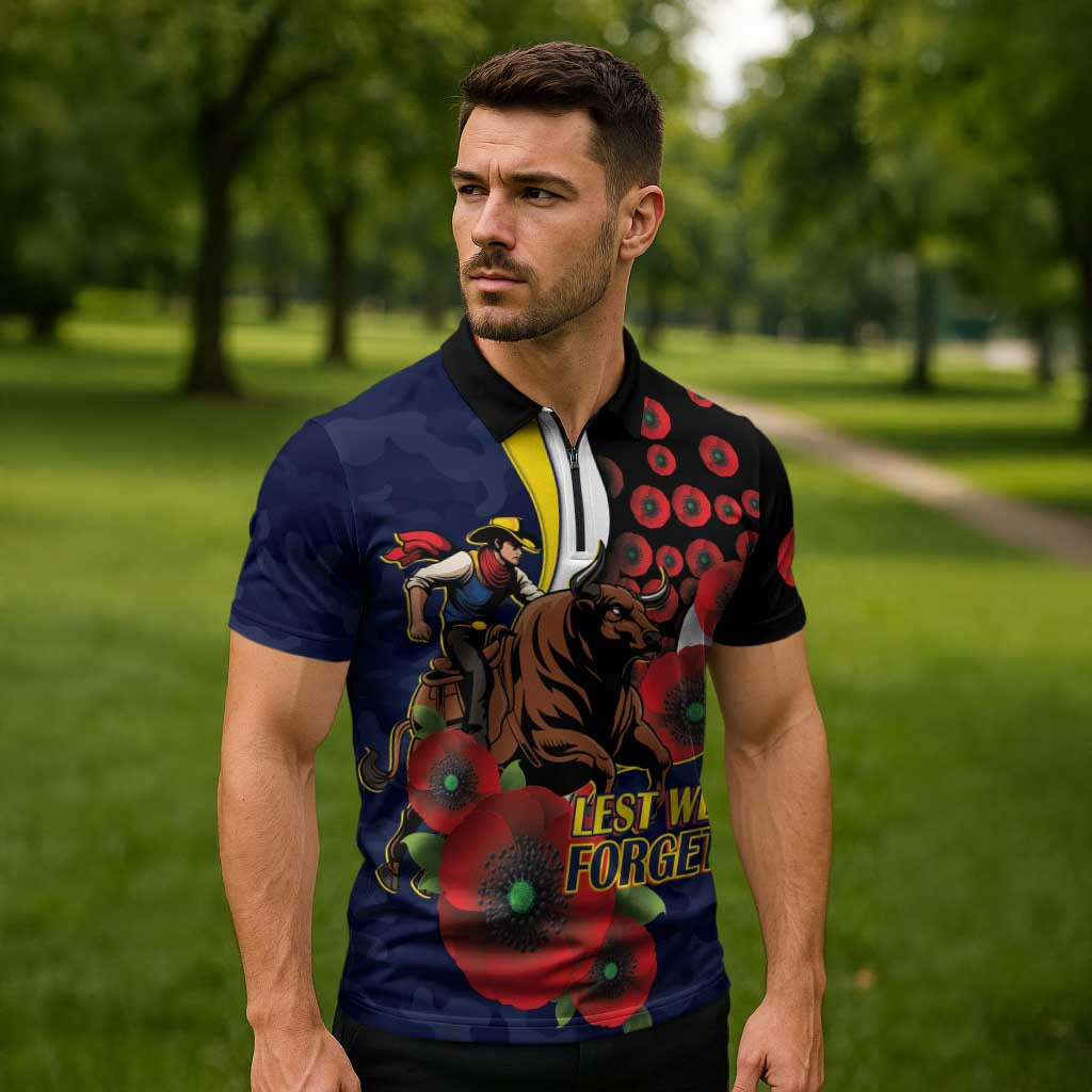North Queensland Cowboys ANZAC Personalised Zipper Polo Shirt Lest We Forget Poppy Camo