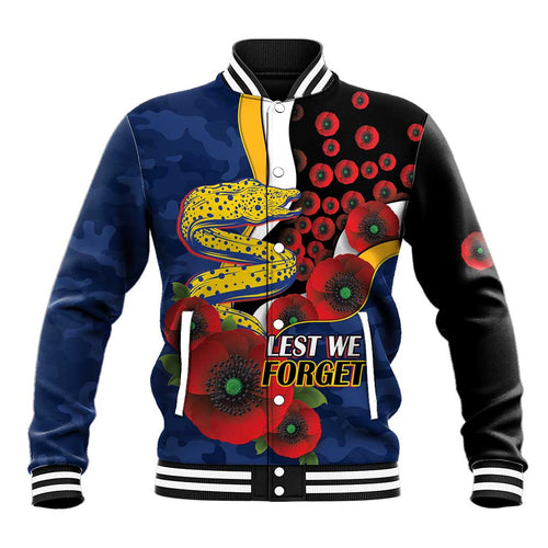 Parramatta Eels ANZAC Personalised Baseball Jacket Lest We Forget Poppy Camo