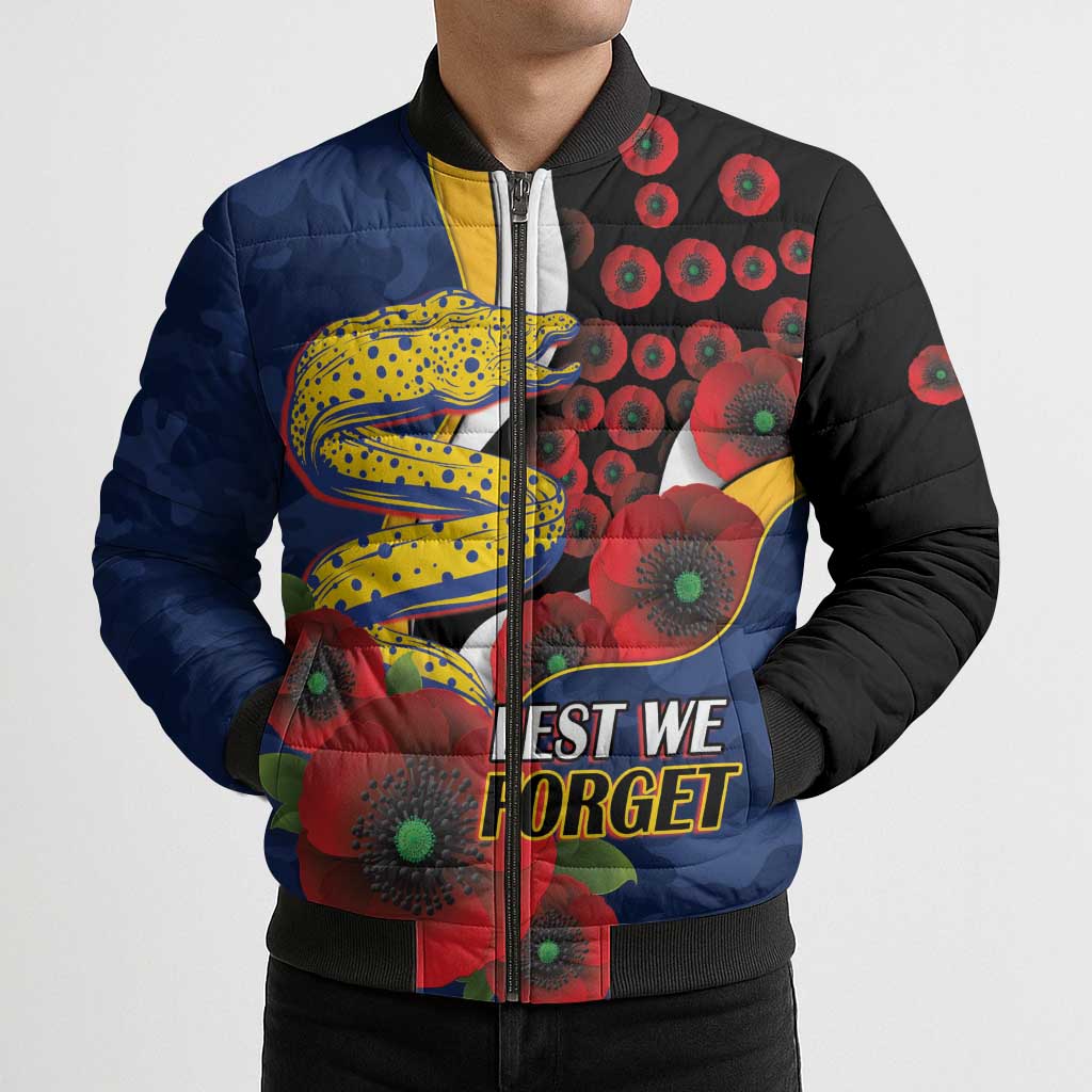 Parramatta Eels ANZAC Personalised Bomber Puffer Jacket Lest We Forget Poppy Camo