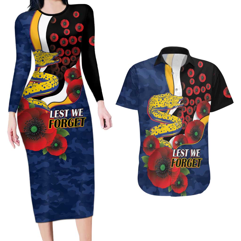 Parramatta Eels ANZAC Personalised Couples Matching Long Sleeve Bodycon Dress and Hawaiian Shirt Lest We Forget Poppy Camo