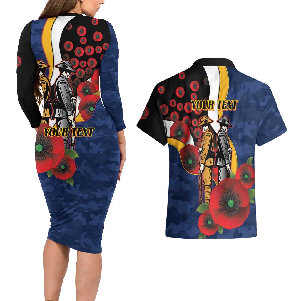 Parramatta Eels ANZAC Personalised Couples Matching Long Sleeve Bodycon Dress and Hawaiian Shirt Lest We Forget Poppy Camo