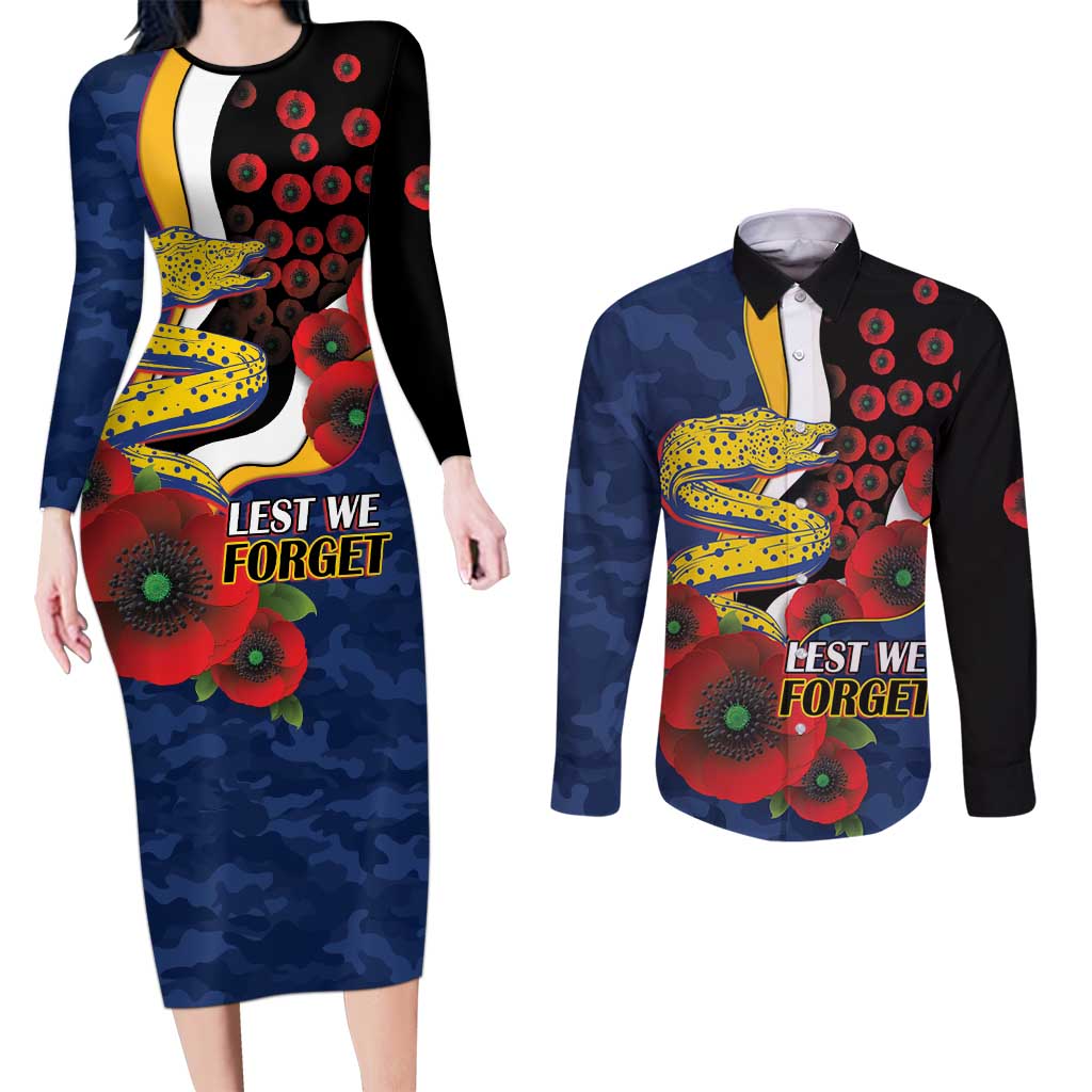 Parramatta Eels ANZAC Personalised Couples Matching Long Sleeve Bodycon Dress and Long Sleeve Button Shirt Lest We Forget Poppy Camo