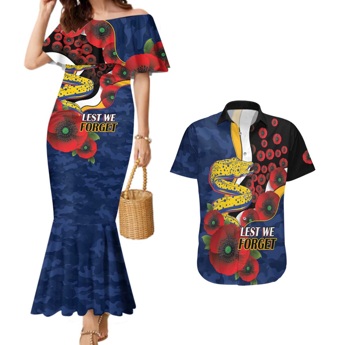 Parramatta Eels ANZAC Personalised Couples Matching Mermaid Dress and Hawaiian Shirt Lest We Forget Poppy Camo