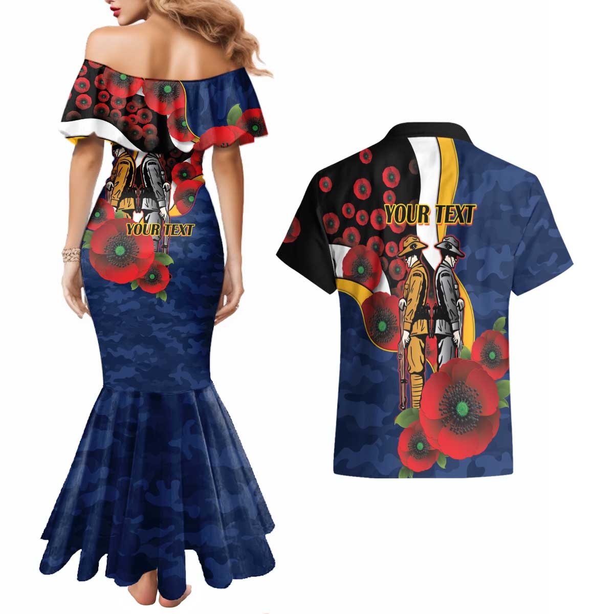 Parramatta Eels ANZAC Personalised Couples Matching Mermaid Dress and Hawaiian Shirt Lest We Forget Poppy Camo