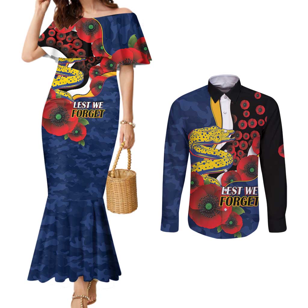 Parramatta Eels ANZAC Personalised Couples Matching Mermaid Dress and Long Sleeve Button Shirt Lest We Forget Poppy Camo