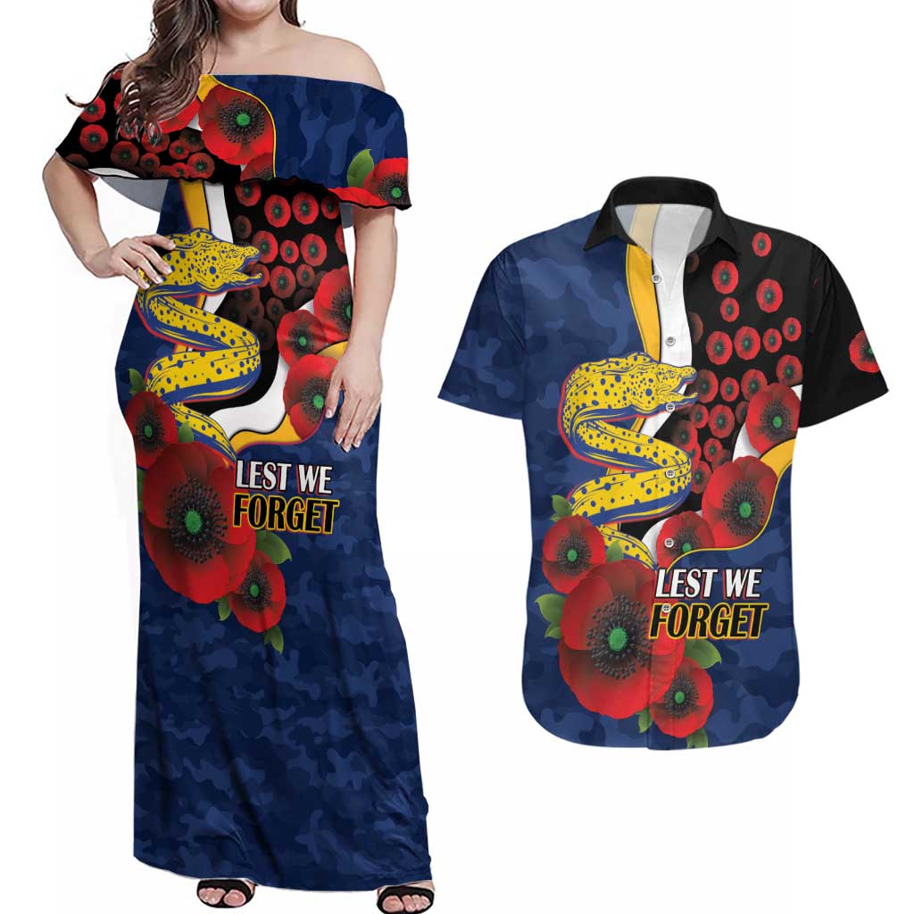 Parramatta Eels ANZAC Personalised Couples Matching Off Shoulder Maxi Dress and Hawaiian Shirt Lest We Forget Poppy Camo