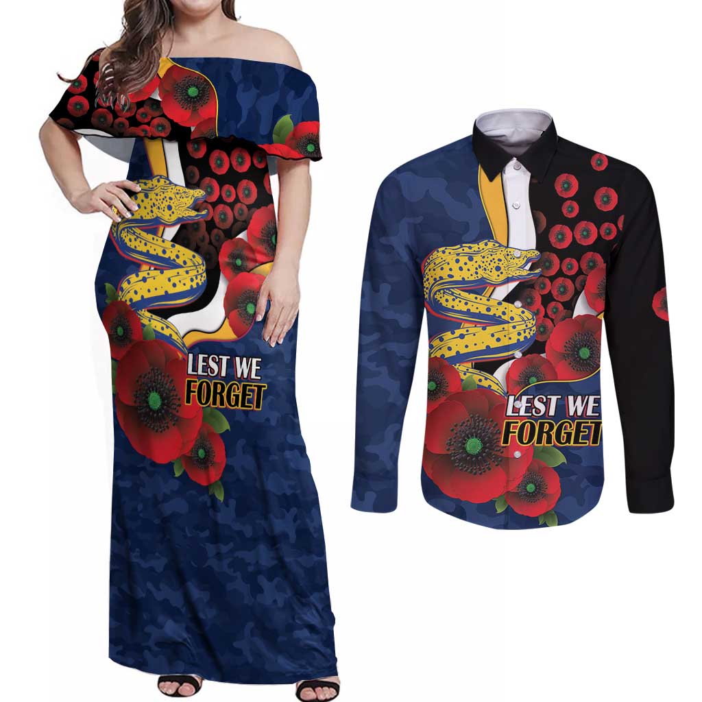 Parramatta Eels ANZAC Personalised Couples Matching Off Shoulder Maxi Dress and Long Sleeve Button Shirt Lest We Forget Poppy Camo