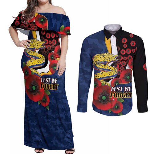 Parramatta Eels ANZAC Personalised Couples Matching Off Shoulder Maxi Dress and Long Sleeve Button Shirt Lest We Forget Poppy Camo