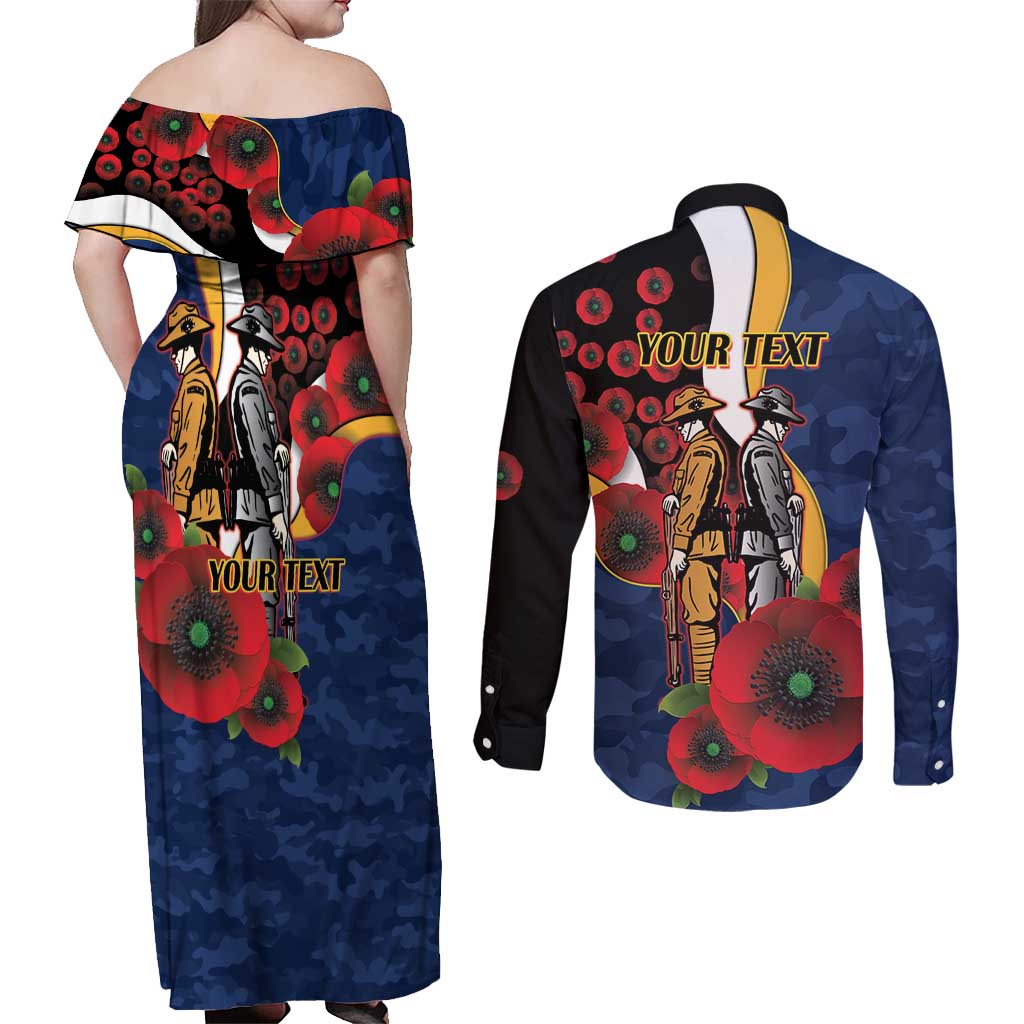 Parramatta Eels ANZAC Personalised Couples Matching Off Shoulder Maxi Dress and Long Sleeve Button Shirt Lest We Forget Poppy Camo
