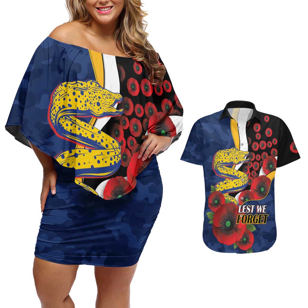 Parramatta Eels ANZAC Personalised Couples Matching Off Shoulder Short Dress and Hawaiian Shirt Lest We Forget Poppy Camo