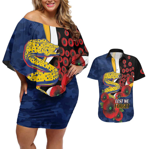 Parramatta Eels ANZAC Personalised Couples Matching Off Shoulder Short Dress and Hawaiian Shirt Lest We Forget Poppy Camo