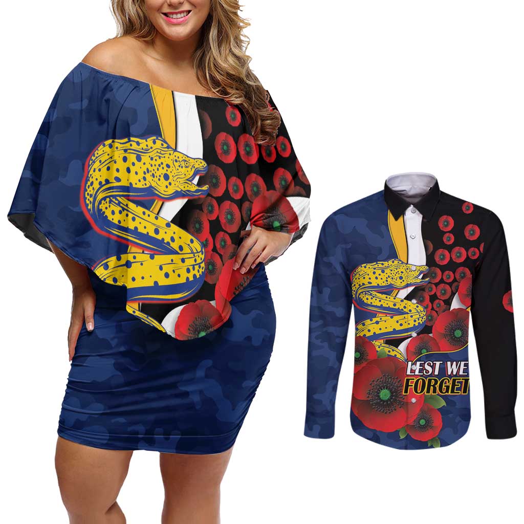 Parramatta Eels ANZAC Personalised Couples Matching Off Shoulder Short Dress and Long Sleeve Button Shirt Lest We Forget Poppy Camo