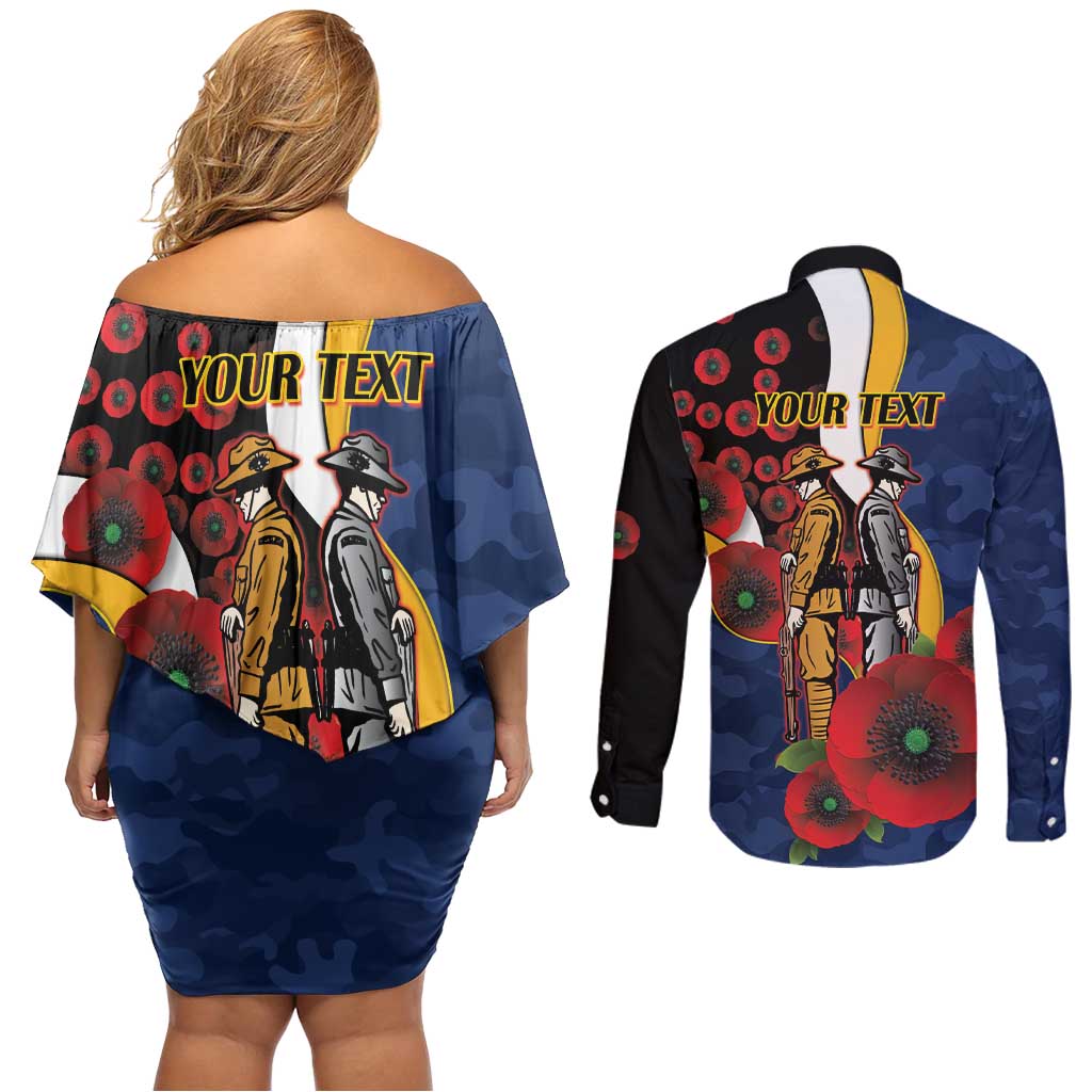 Parramatta Eels ANZAC Personalised Couples Matching Off Shoulder Short Dress and Long Sleeve Button Shirt Lest We Forget Poppy Camo