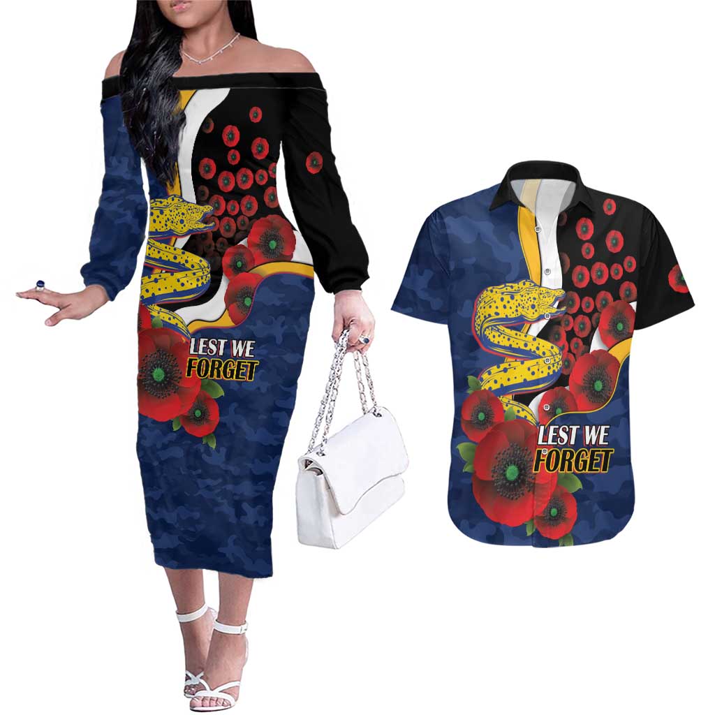 Parramatta Eels ANZAC Personalised Couples Matching Off The Shoulder Long Sleeve Dress and Hawaiian Shirt Lest We Forget Poppy Camo