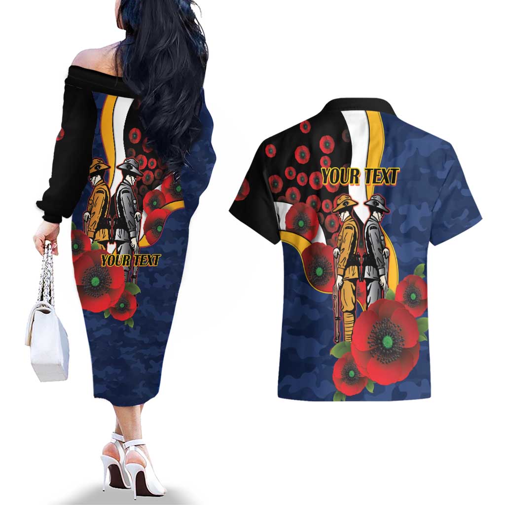 Parramatta Eels ANZAC Personalised Couples Matching Off The Shoulder Long Sleeve Dress and Hawaiian Shirt Lest We Forget Poppy Camo
