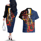 Parramatta Eels ANZAC Personalised Couples Matching Off The Shoulder Long Sleeve Dress and Hawaiian Shirt Lest We Forget Poppy Camo