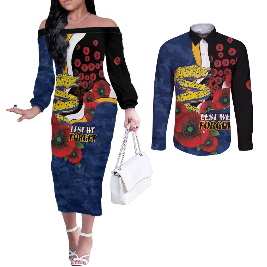 Parramatta Eels ANZAC Personalised Couples Matching Off The Shoulder Long Sleeve Dress and Long Sleeve Button Shirt Lest We Forget Poppy Camo