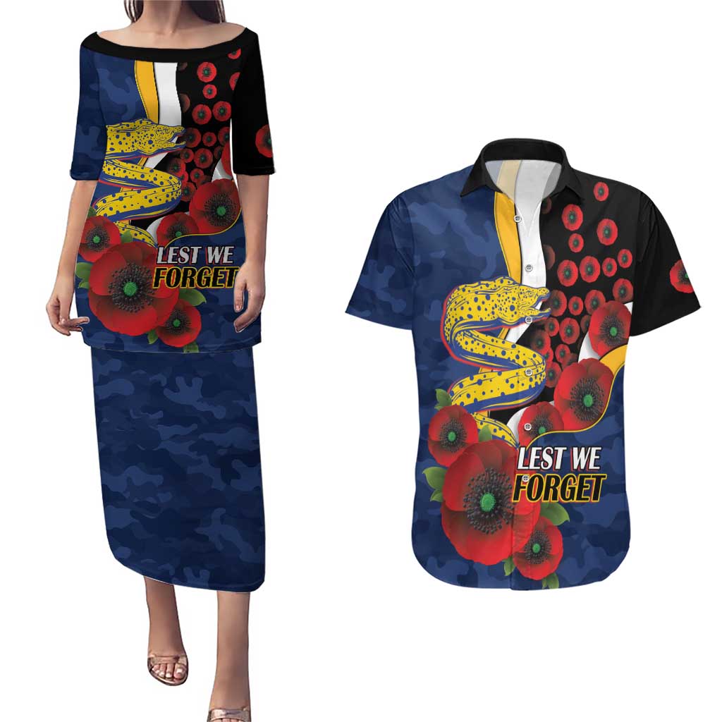 Parramatta Eels ANZAC Personalised Couples Matching Puletasi and Hawaiian Shirt Lest We Forget Poppy Camo