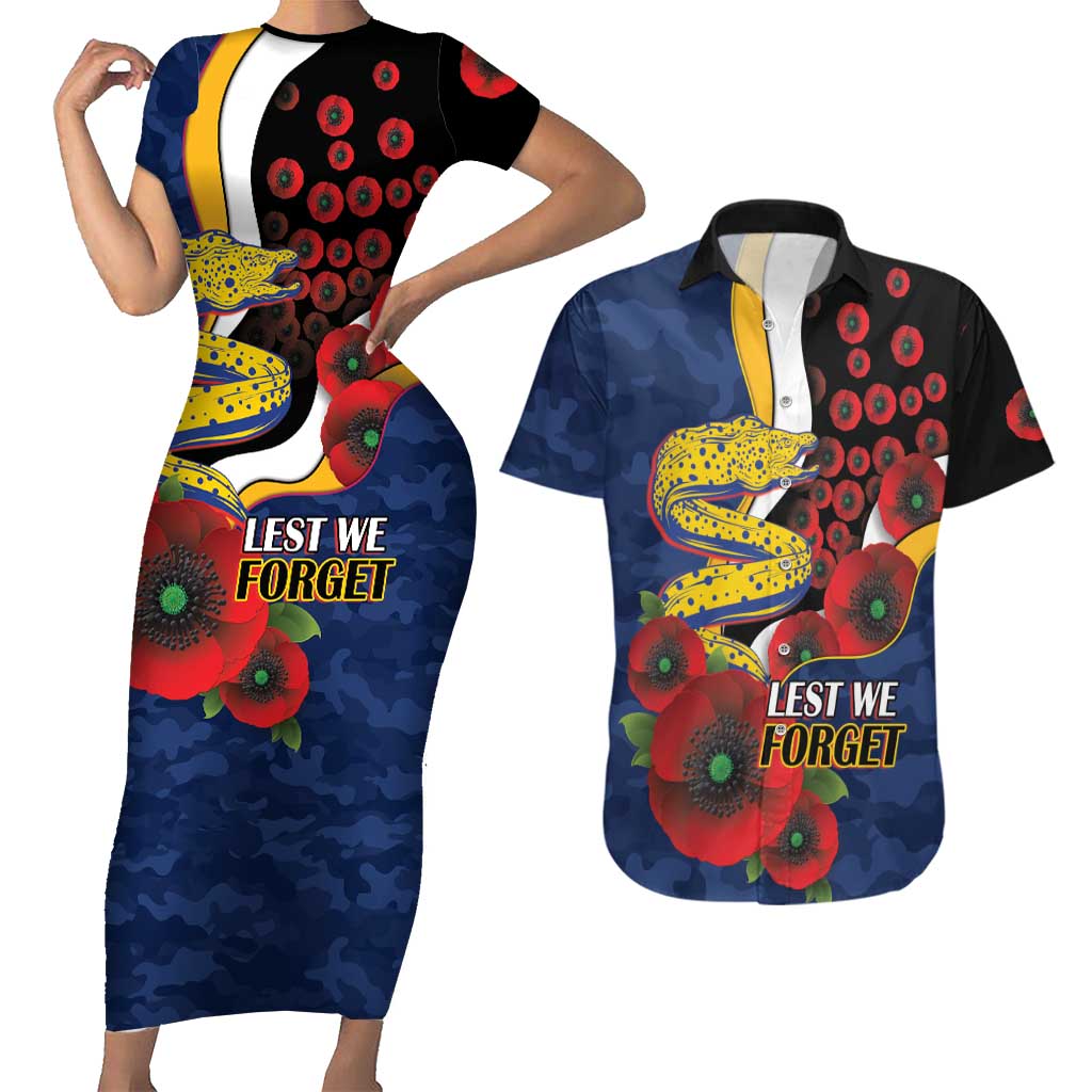 Parramatta Eels ANZAC Personalised Couples Matching Short Sleeve Bodycon Dress and Hawaiian Shirt Lest We Forget Poppy Camo