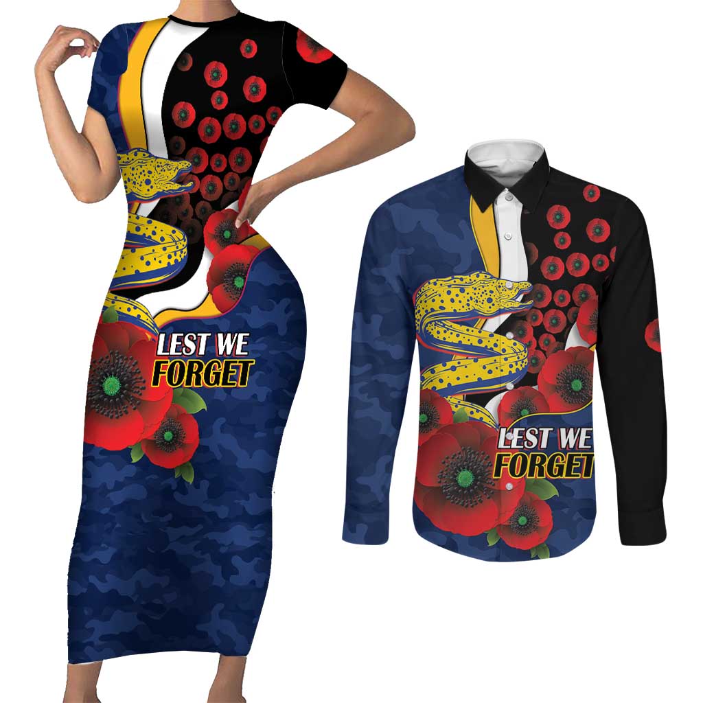 Parramatta Eels ANZAC Personalised Couples Matching Short Sleeve Bodycon Dress and Long Sleeve Button Shirt Lest We Forget Poppy Camo