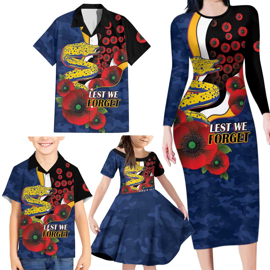 Parramatta Eels ANZAC Personalised Family Matching Long Sleeve Bodycon Dress and Hawaiian Shirt Lest We Forget Poppy Camo