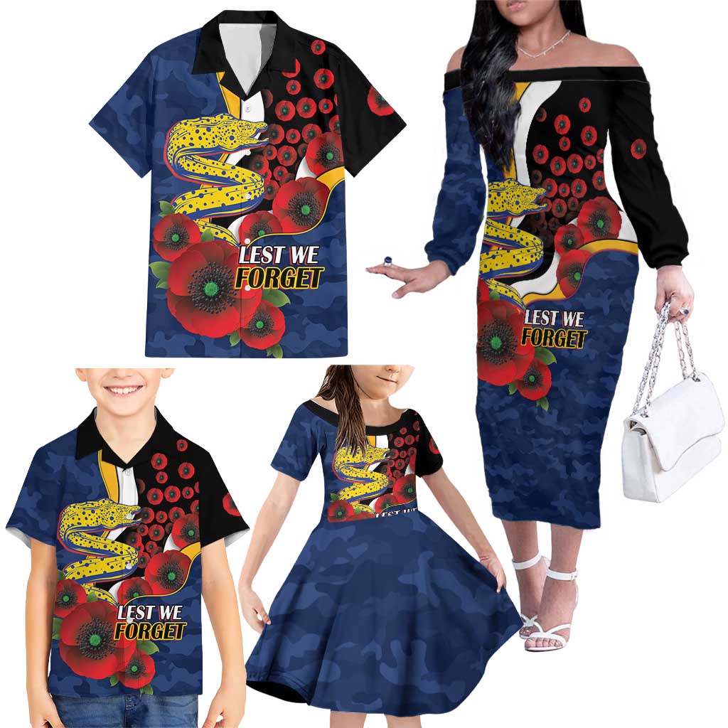 Parramatta Eels ANZAC Personalised Family Matching Off The Shoulder Long Sleeve Dress and Hawaiian Shirt Lest We Forget Poppy Camo