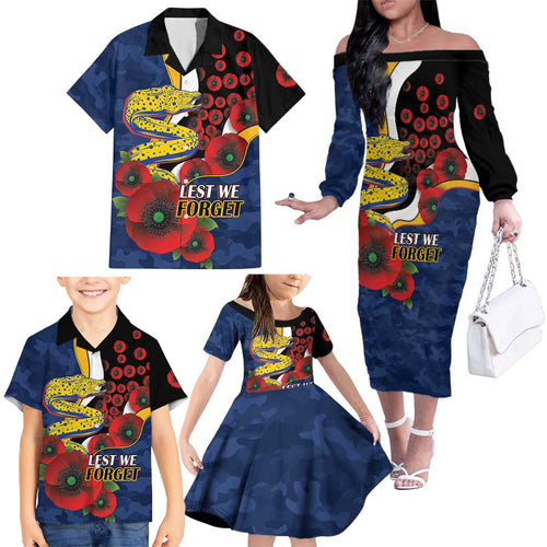 Parramatta Eels ANZAC Personalised Family Matching Off The Shoulder Long Sleeve Dress and Hawaiian Shirt Lest We Forget Poppy Camo