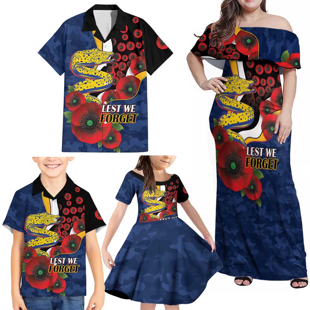 Parramatta Eels ANZAC Personalised Family Matching Off Shoulder Maxi Dress and Hawaiian Shirt Lest We Forget Poppy Camo