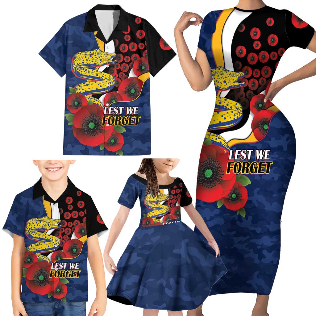 Parramatta Eels ANZAC Personalised Family Matching Short Sleeve Bodycon Dress and Hawaiian Shirt Lest We Forget Poppy Camo