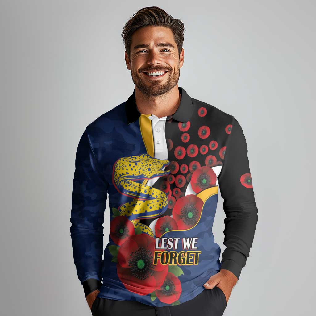 Parramatta Eels ANZAC Personalised Long Sleeve Polo Shirt Lest We Forget Poppy Camo