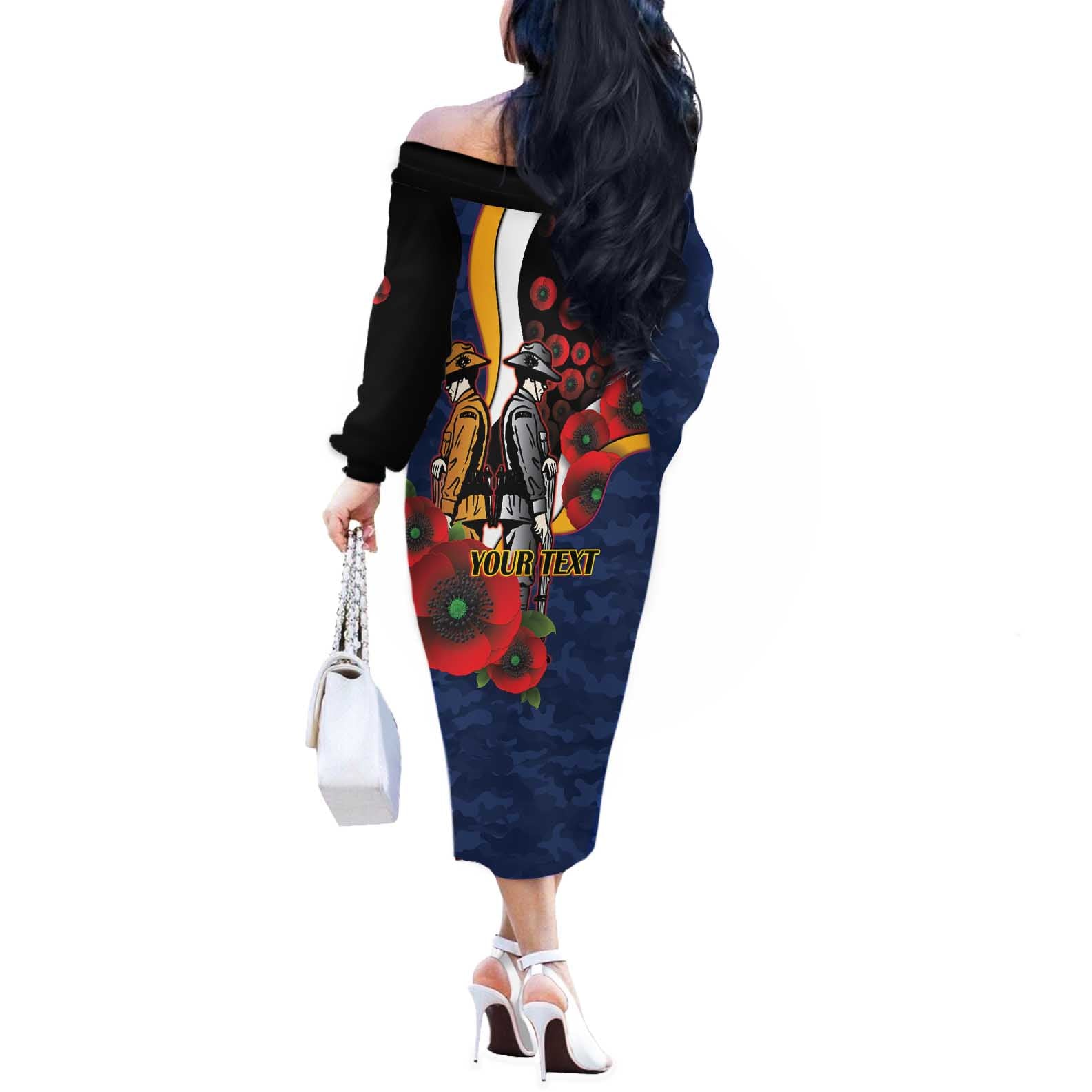 Parramatta Eels ANZAC Personalised Off The Shoulder Long Sleeve Dress Lest We Forget Poppy Camo