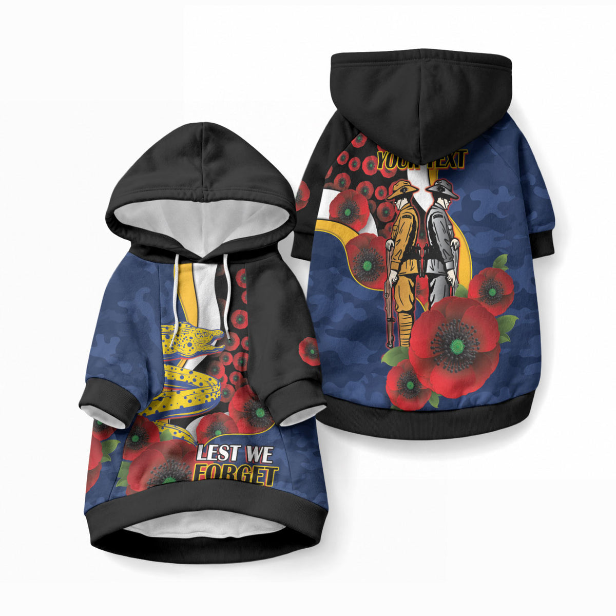 Parramatta Eels ANZAC Personalised Pet Hoodie Lest We Forget Poppy Camo