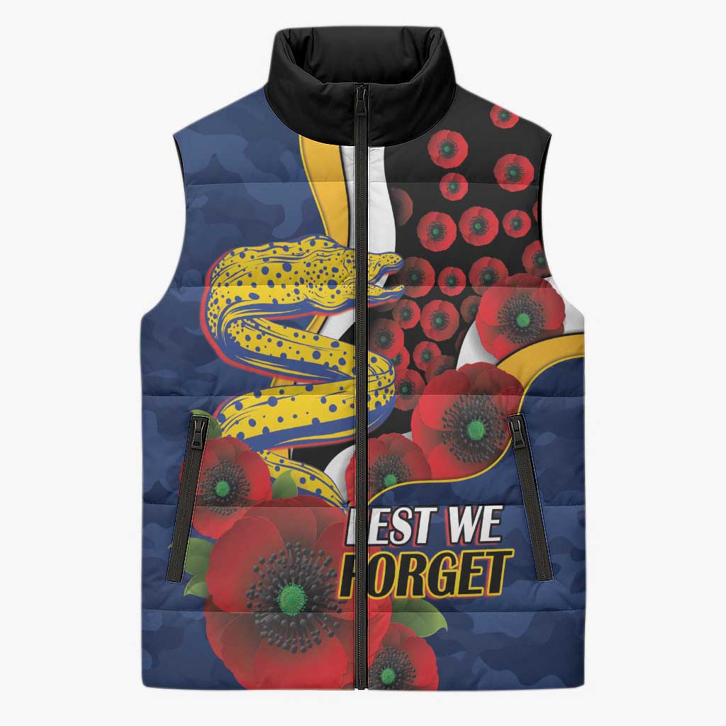 Parramatta Eels ANZAC Personalised Sleeveless Puffer Jacket Lest We Forget Poppy Camo