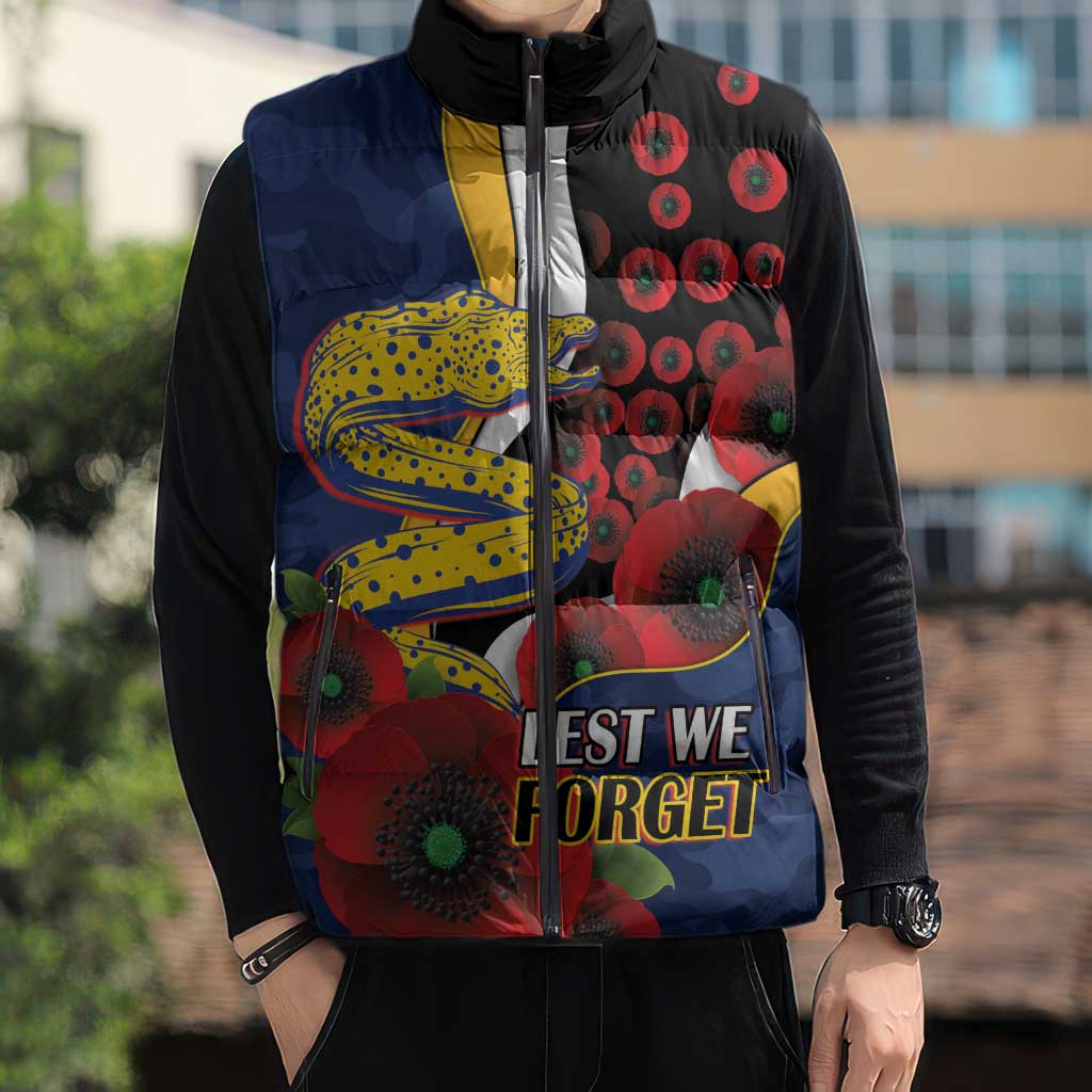 Parramatta Eels ANZAC Personalised Sleeveless Puffer Jacket Lest We Forget Poppy Camo