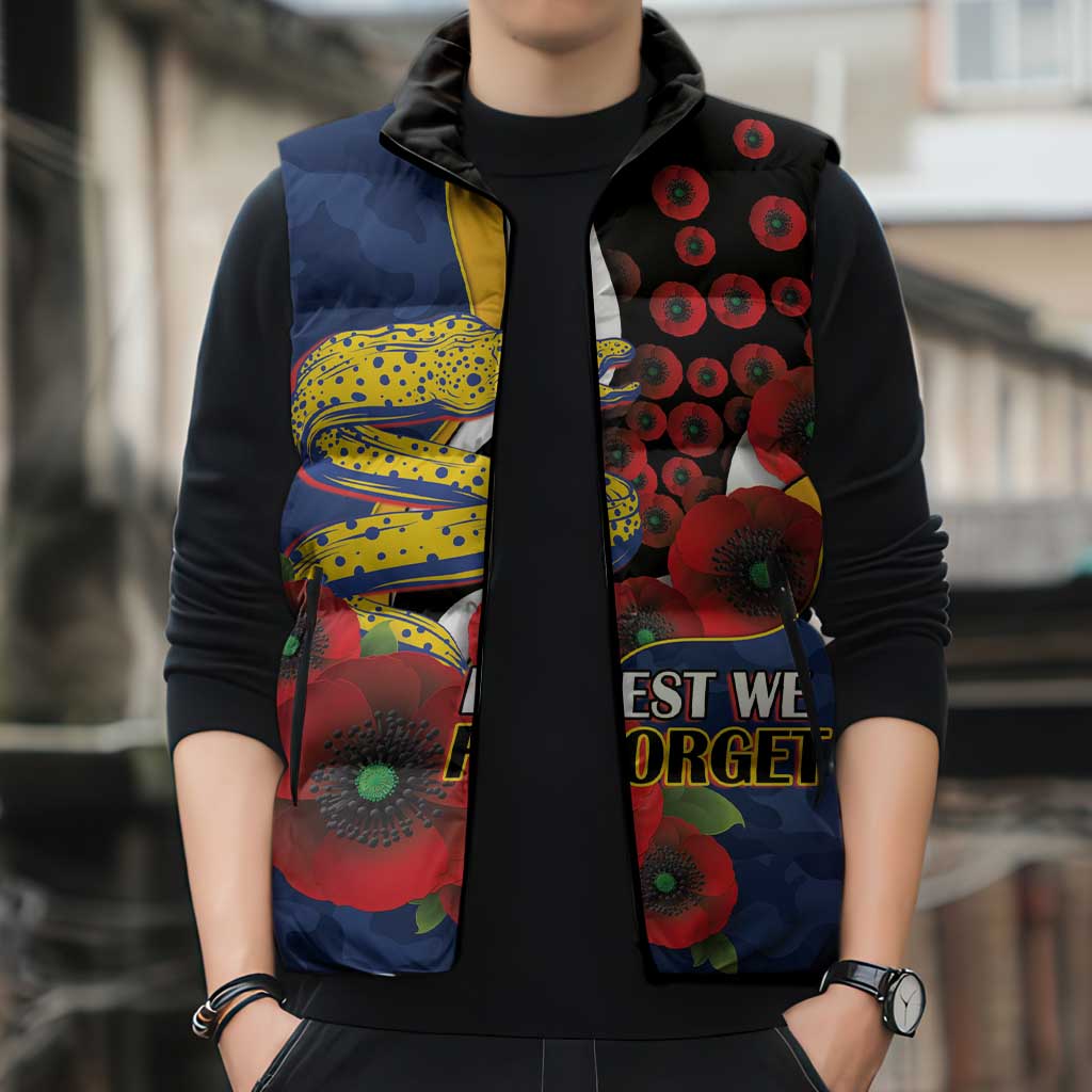 Parramatta Eels ANZAC Personalised Sleeveless Puffer Jacket Lest We Forget Poppy Camo