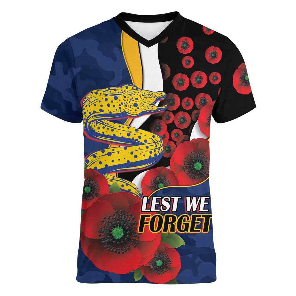 Parramatta Eels ANZAC Personalised Women V-Neck T-Shirt Lest We Forget Poppy Camo