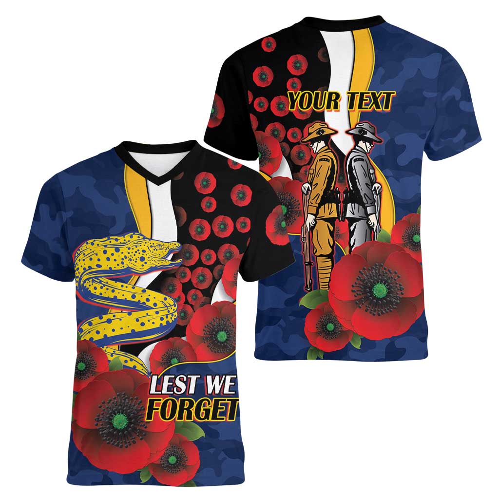 Parramatta Eels ANZAC Personalised Women V-Neck T-Shirt Lest We Forget Poppy Camo