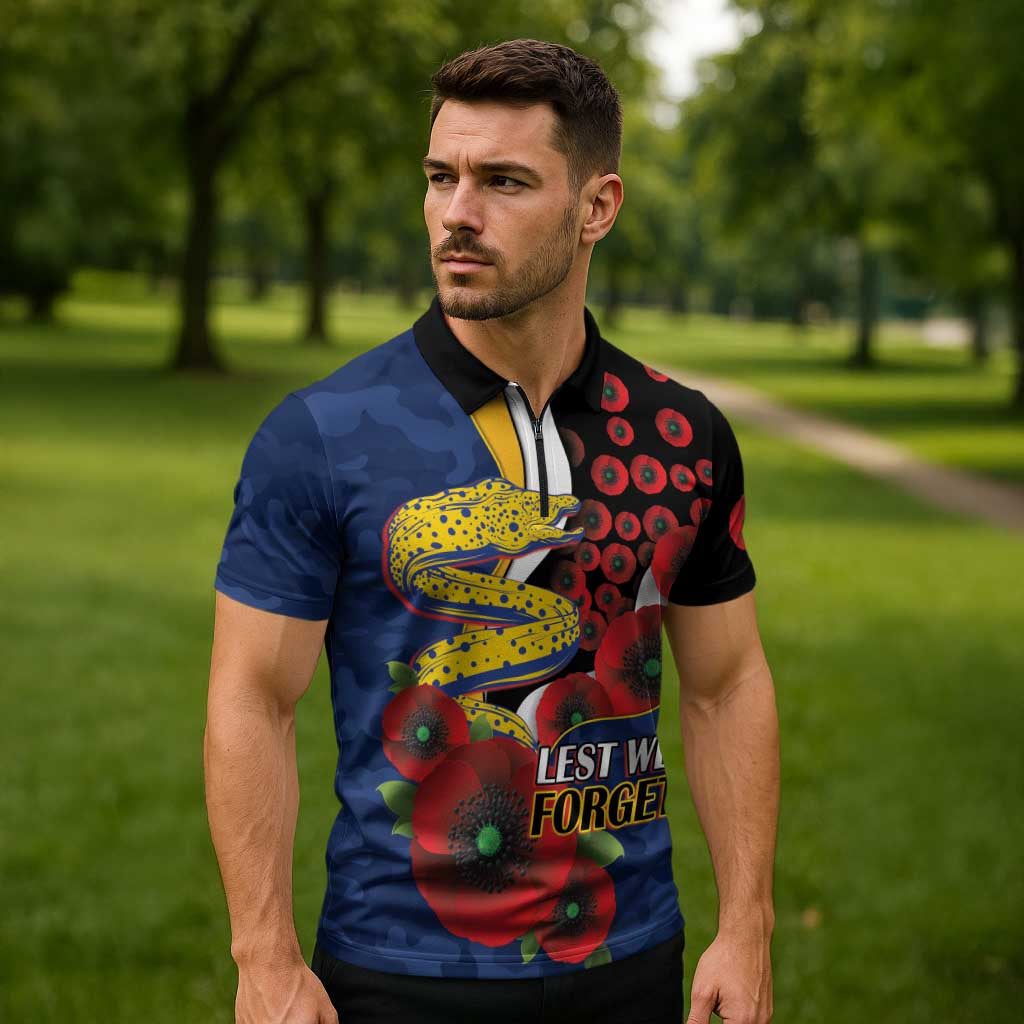 Parramatta Eels ANZAC Personalised Zipper Polo Shirt Lest We Forget Poppy Camo