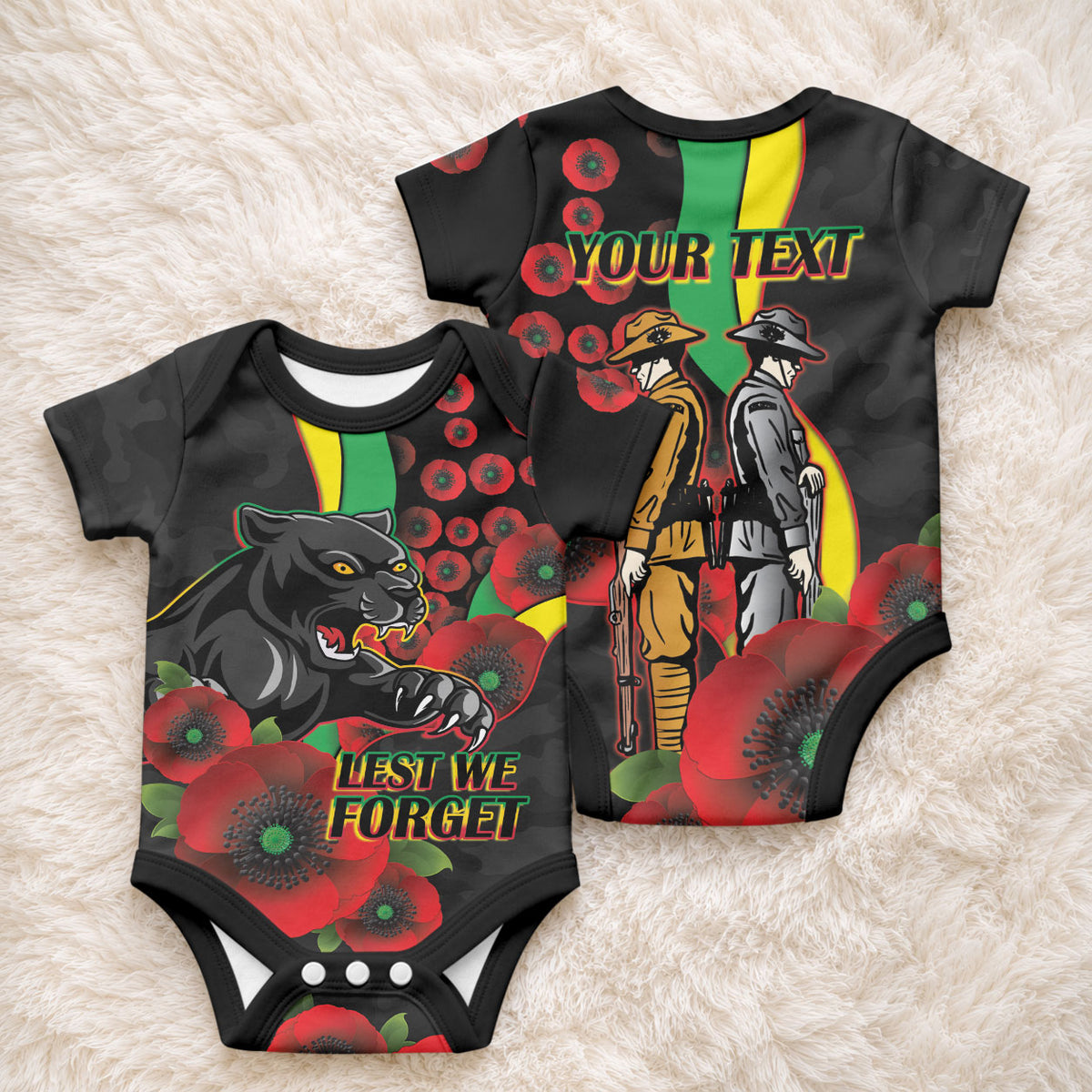 Penrith Panthers ANZAC Personalised Baby Onesie Lest We Forget Poppy Camo