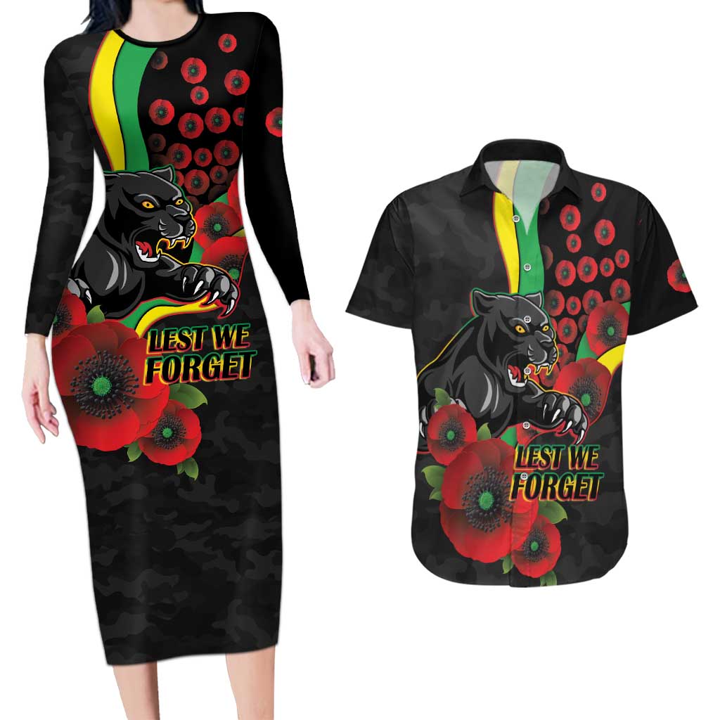 Penrith Panthers ANZAC Personalised Couples Matching Long Sleeve Bodycon Dress and Hawaiian Shirt Lest We Forget Poppy Camo
