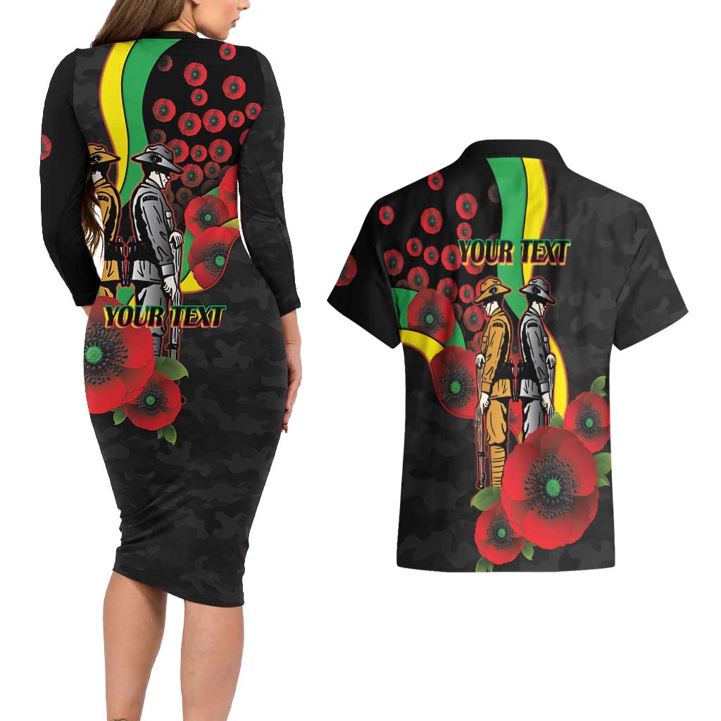 Penrith Panthers ANZAC Personalised Couples Matching Long Sleeve Bodycon Dress and Hawaiian Shirt Lest We Forget Poppy Camo