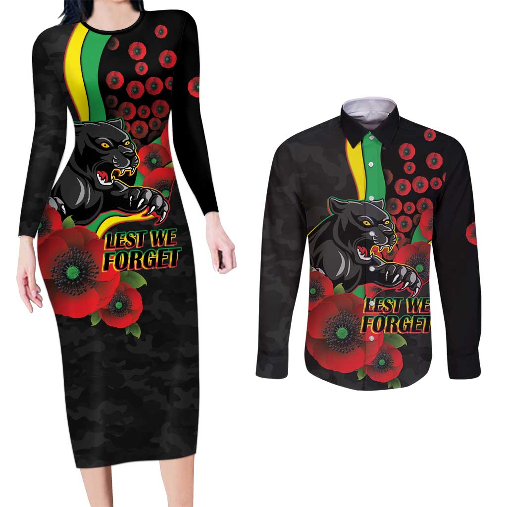 Penrith Panthers ANZAC Personalised Couples Matching Long Sleeve Bodycon Dress and Long Sleeve Button Shirt Lest We Forget Poppy Camo
