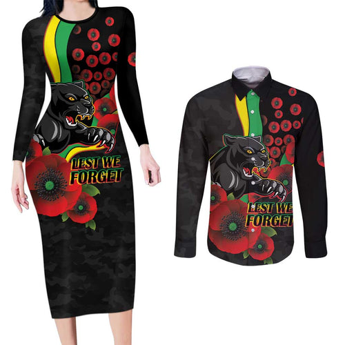 Penrith Panthers ANZAC Personalised Couples Matching Long Sleeve Bodycon Dress and Long Sleeve Button Shirt Lest We Forget Poppy Camo