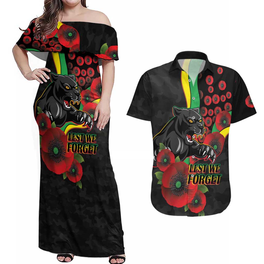 Penrith Panthers ANZAC Personalised Couples Matching Off Shoulder Maxi Dress and Hawaiian Shirt Lest We Forget Poppy Camo